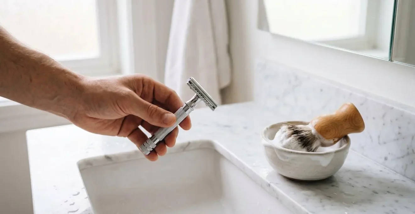 Main masculine tenant un rasoir de sécurité chromé au-dessus d'un lavabo en marbre blanc avec blaireau et mousse à raser.