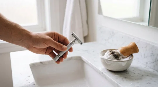 Main masculine tenant un rasoir de sécurité chromé au-dessus d'un lavabo en marbre blanc avec blaireau et mousse à raser.