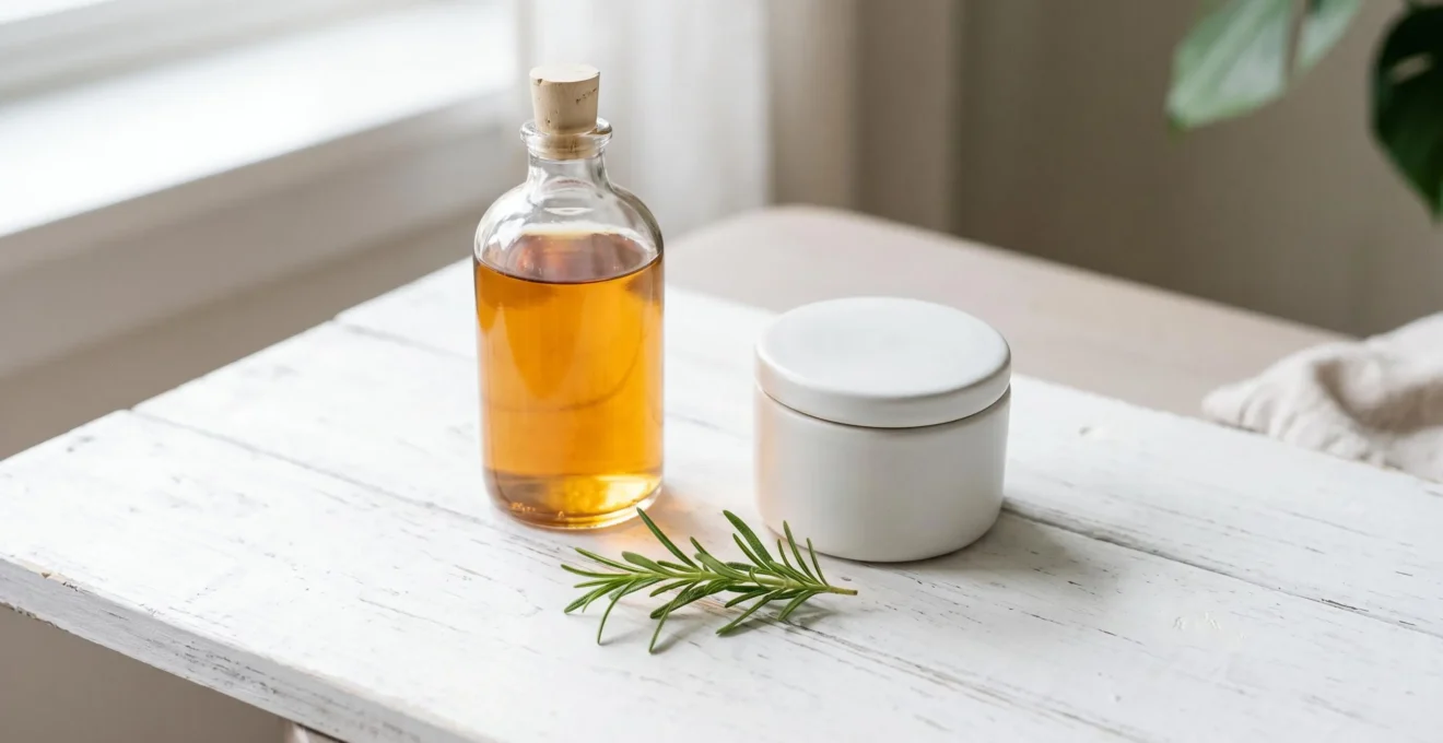 Produits après-rasage disposés harmonieusement : flacon d'après-rasage liquide, pot de baume et branche de romarin frais.